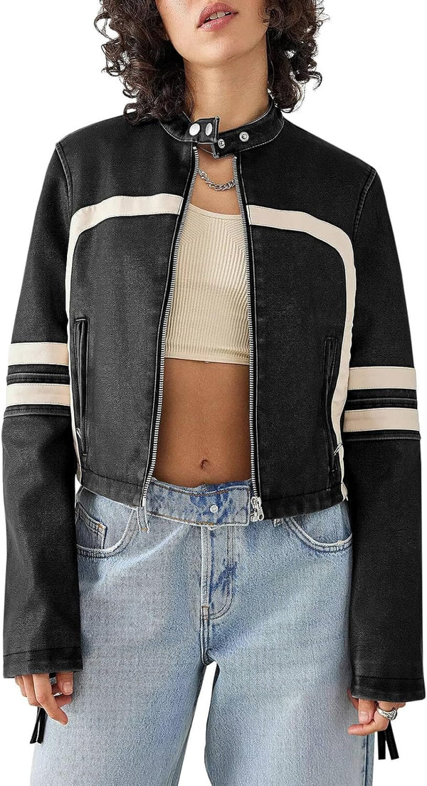 Cropped Moto Zip Leather Jacket