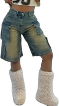 High-Rise Cargo Denim Shorts