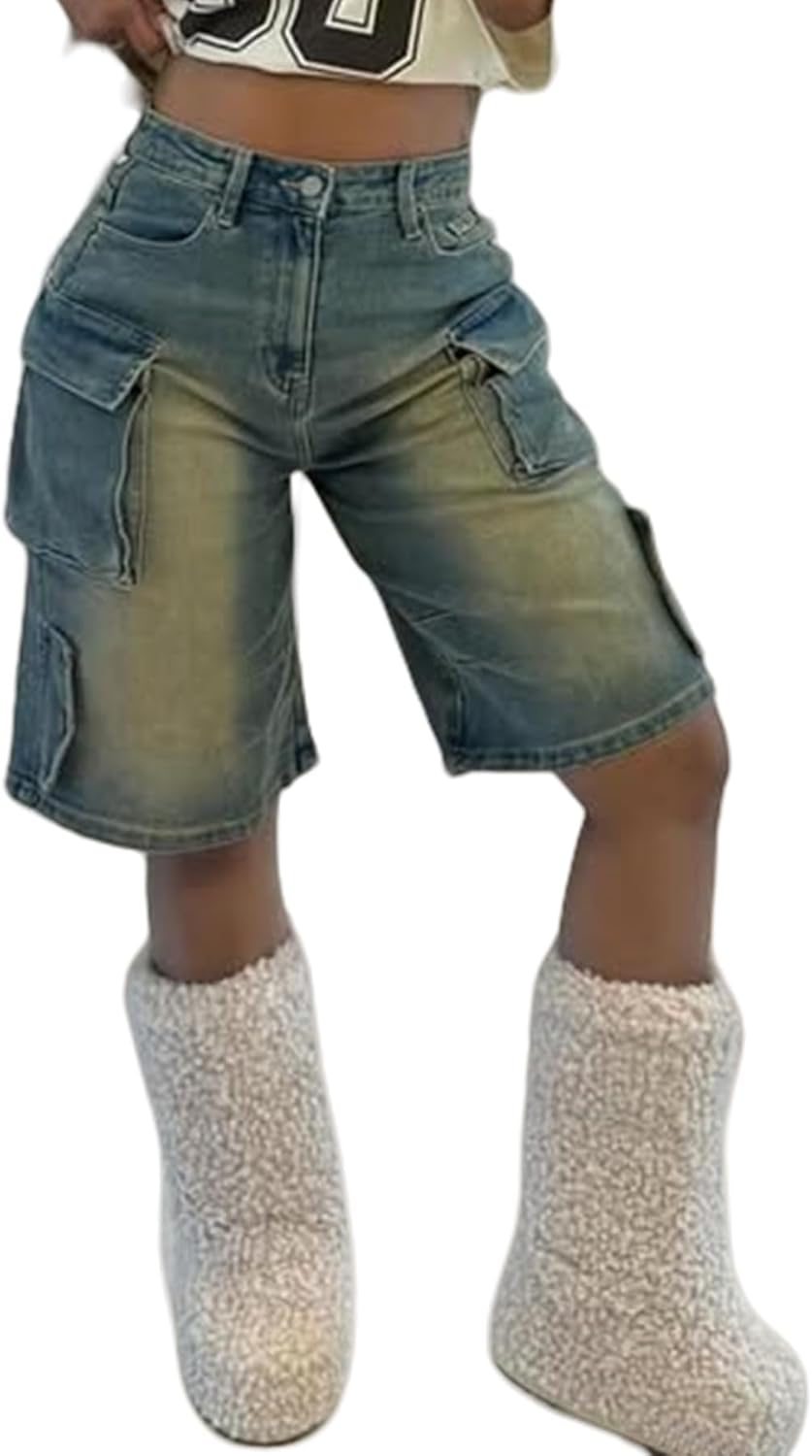 High-Rise Cargo Denim Shorts