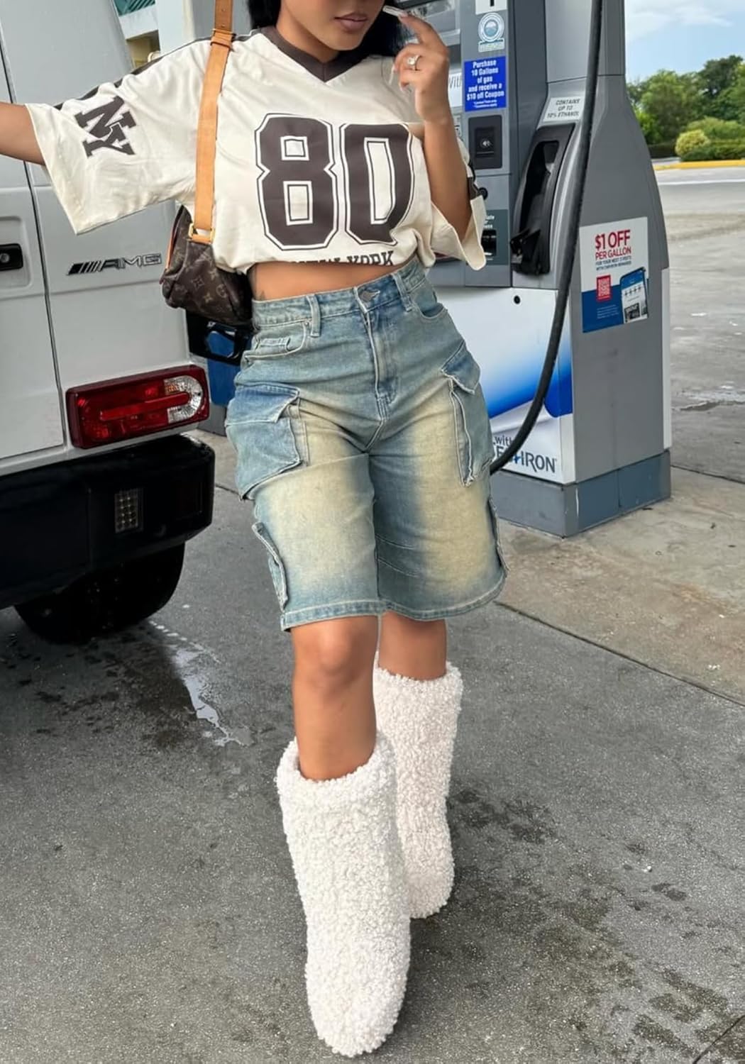 High-Rise Cargo Denim Shorts