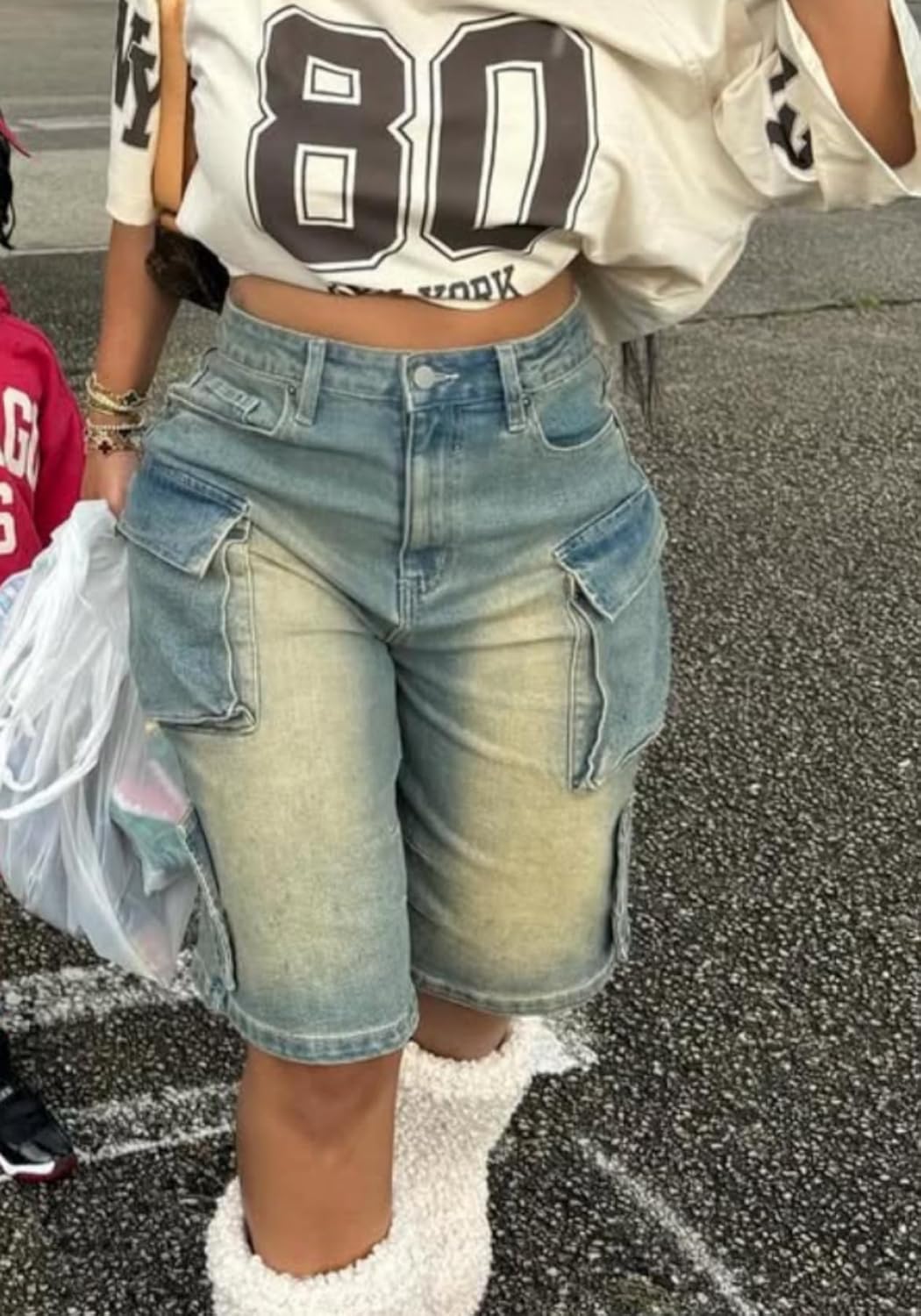 High-Rise Cargo Denim Shorts