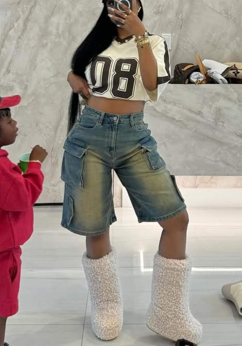High-Rise Cargo Denim Shorts