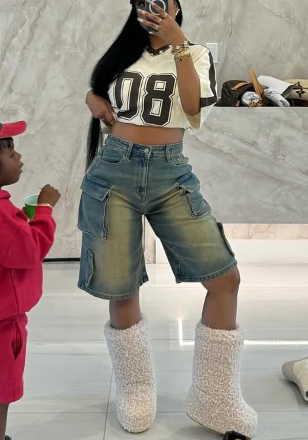 High-Rise Cargo Denim Shorts