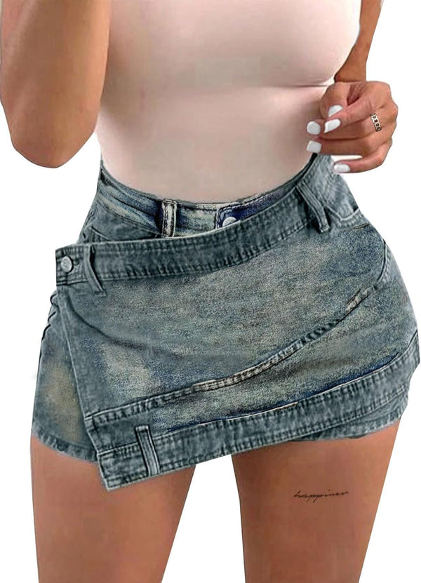 Asymmetrical Wrap Denim Mini Skort